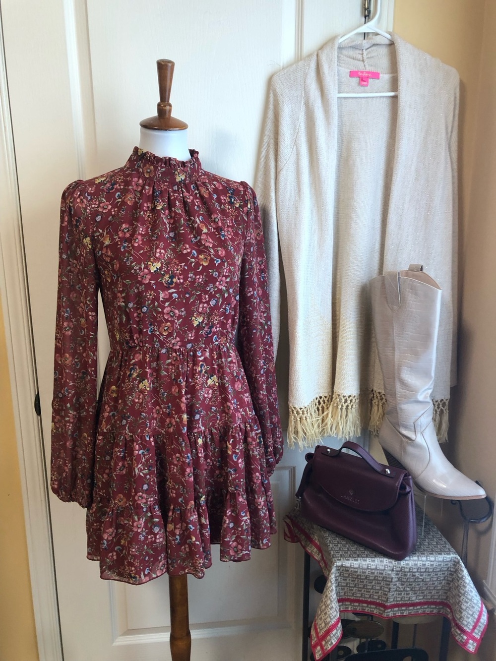 Forever 21 Burgundy Floral Ruffle Tiered Long-Sleeve Dress